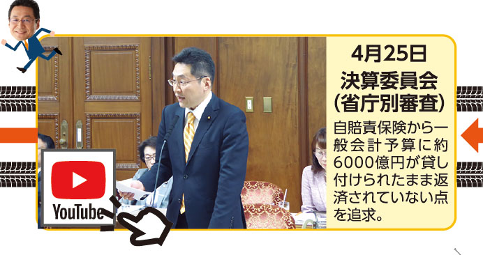 4月25日 決算委員会（省庁別審査） 自賠責保険から一般会計予算に約6000億円が貸し付けられたまま返済されていない点を追求。