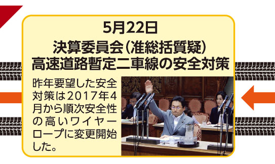 5月22日 決算委員会（准総括質疑）高速道路暫定二車線の安全対策 昨年要望した安全対策は2017年4月から順次安全性の高いワイヤーロープに変更開始した。