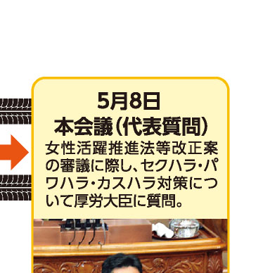 5月8日 本会議（代表質問） 女性活躍推進法等改正案の審議に際し、セクハラ・パワハラ・カスハラ対策について厚労大臣に質問。