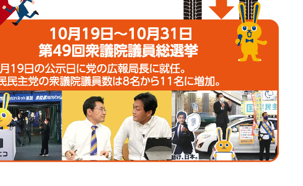 10月19日～10月31日 第49回衆議院議員総選挙  10月19日の公示日に党の広報局長に就任。国民民主党の衆議院議員数は8名から11名に増加。