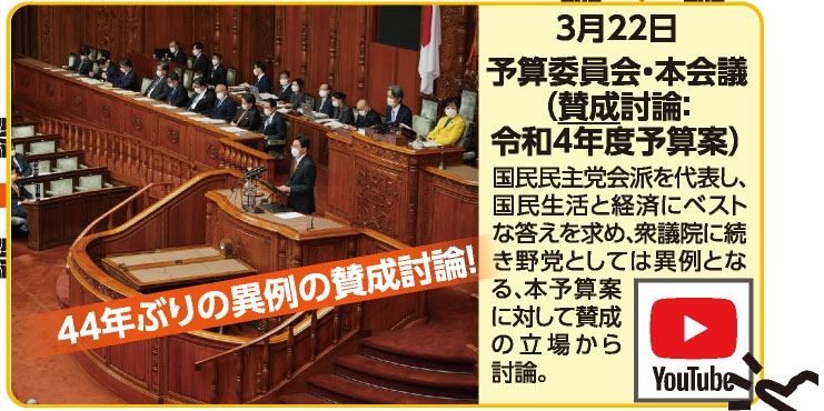 3月22日 予算委員会・本会議（賛成 討論：令和4年度予算案） 国民民主党会派を代表し、国民生活と経済にベストな答えを求め、衆議院に続き野党としては異例となる、本予算案に対して賛成の立場から討論。 《44年ぶりの異例の賛成討論！》