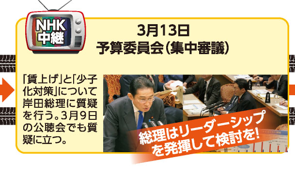 3月13日 予算委員会（集中審議） 「賃上げ」と「少子化対策」について岸田総理に質疑を行う。3月9日の公聴会でも質疑に立つ。 《総理はリーダーシップを発揮して検討を！》