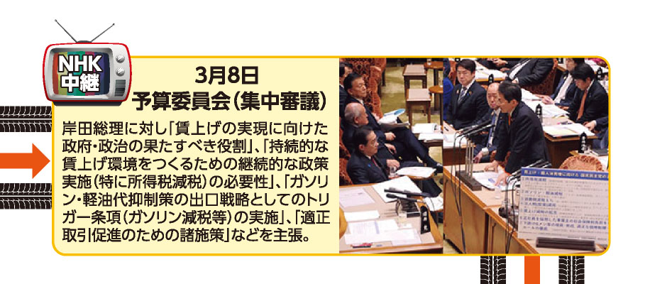 3月8日 予算委員会（集中審議） 岸田総理に対し「賃上げの実現に向けた政府・政治の果たすべき役割」、「持続的な賃上げ環境をつくるための継続的な政策実施（特に所得税減税）の必要性」、「ガソリン・軽油代抑制策の出口戦略としてのトリガー条項（ガソリン減税等）の実施」、「適正取引促進のための諸施策」などを主張。