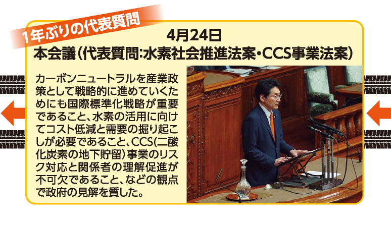 《1年ぶりの代表質問》 4月24日 本会議（代表質問：水素社会推進法案・CCS事業法案） カーボンニュートラルを産業政策として戦略的に進めていくためにも国際標準化戦略が重要であること、水素の活用に向けてコスト低減と需要の掘り起こしが必要であること、CCS(二酸化炭素の地下貯留）事業のリスク対応と関係者の理解促進が不可欠であること、などの観点で政府の見解を質した。