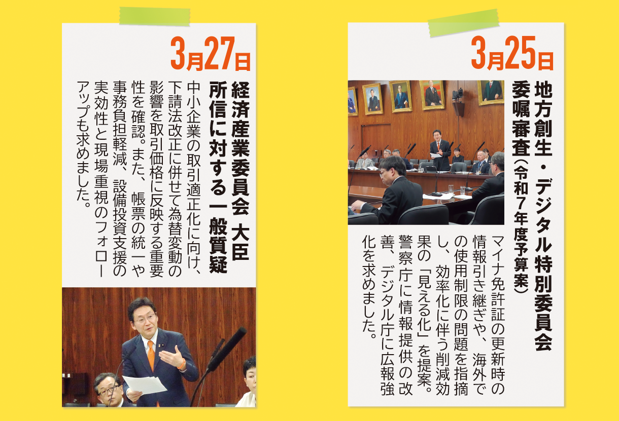 3月25日《地方創生・デジタル特別委員会 委嘱審査（令和７年度予算案）》マイナ免許証の更新時の情報引き継ぎや、海外での使用制限の問題を指摘し、効率化に伴う削減効果の「見える化」を提案。警察庁に情報提供の改善、デジタル庁に広報強化を求めました。3月27日《経済産業委員会 大臣所信に対する一般質疑》中小企業の取引適正化に向け、下請法改正に併せて為替変動の影響を取引価格に反映する重要性を確認。また、帳票の統一や事務負担軽減、設備投資支援の実効性と現場重視のフォローアップも求めました。