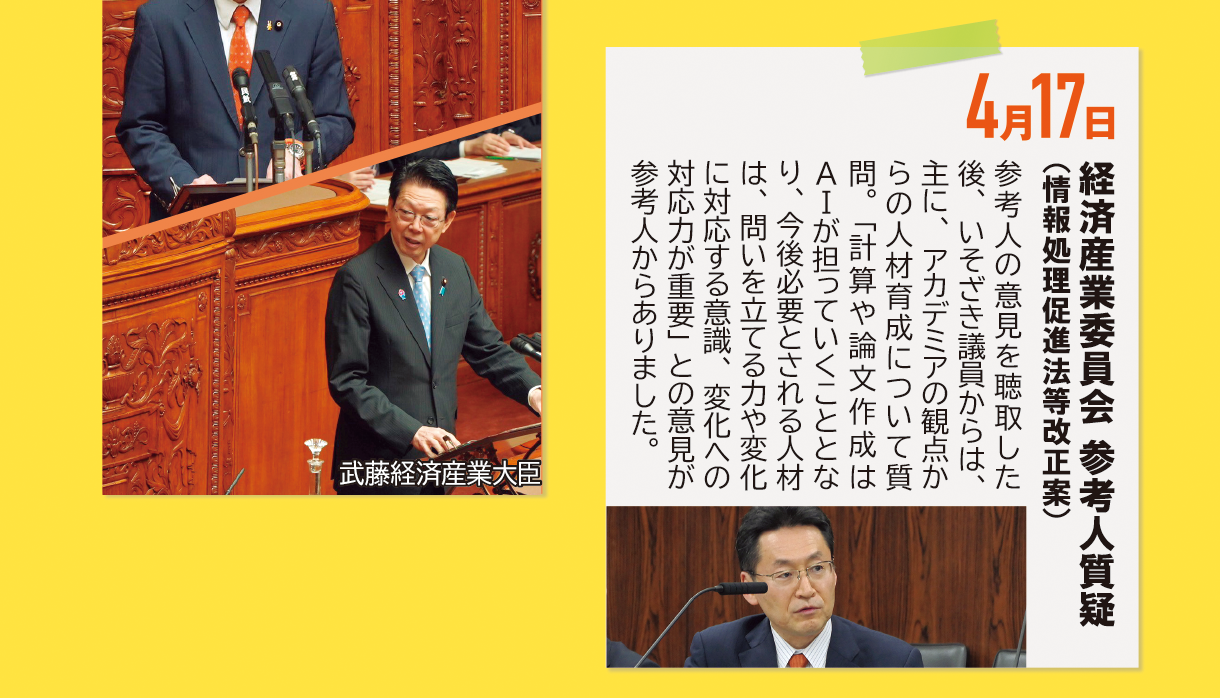 4月17日《経済産業委員会 参考人質疑（情報処理促進法等改正案）》参考人の意見を聴取した後、いそざき議員からは、主に、アカデミアの観点からの人材育成について質問。「計算や論文作成はAIが担っていくこととなり、今後必要とされる人材は、問いを立てる力や変化に対応する意識、変化への対応力が重要」との意見が参考人からありました。
