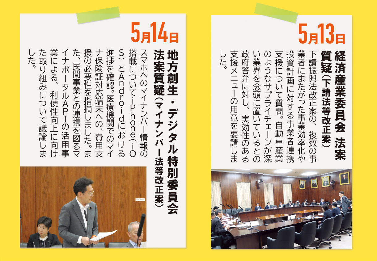5月13日《経済産業委員会 法案質疑（下請法等改正案）》下請振興法改正案の、複数の事業者にまたがった事業効率化や投資計画に対する事業者連携支援について質問。自動車産業のようなサプライチェーンが深い業界を念頭に置いているとの政府答弁に対し、実効性のある支援メニューの用意を要請しました。5月14日《地方創生・デジタル特別委員会 法案質疑（マイナンバー法等改正案）》スマホへのマイナンバー情報の搭載についてiPhone(iOS)とAndroidにおける進捗を確認。医療機関でのマイナ保険証対応端末への、費用支援の必要性を指摘しました。また、民間事業との連携を図るマイナポータルAPIの活用事業による、利便性向上に向けた取り組みについて議論しました。