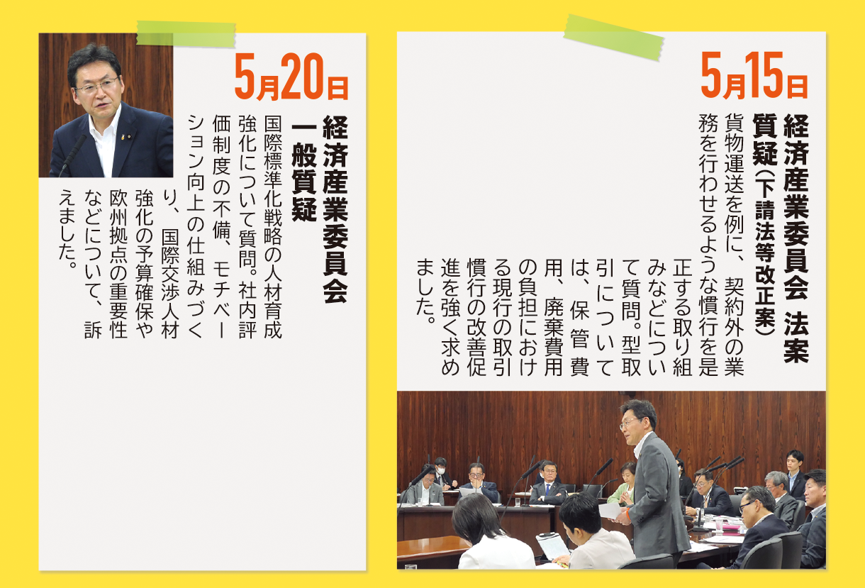 5月15日《経済産業委員会 法案質疑（下請法等改正案）》貨物運送を例に、契約外の業務を行わせるような慣行を是正する取り組みなどについて質問。型取引については、保管費用、廃棄費用の負担における現行の取引慣行の改善促進を強く求めました。5月20日《経済産業委員会 一般質疑》国際標準化戦略の人材育成強化について質問。社内評価制度の不備、モチベーション向上の仕組みづくり、国際交渉人材強化の予算確保や欧州拠点の重要性などについて、訴えました。
