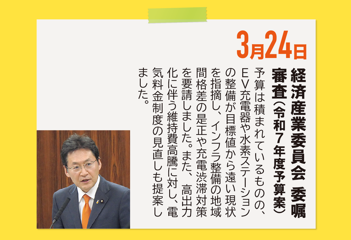 3月24日《経済産業委員会 委嘱審査（令和７年度予算案）》予算は積まれているものの、EV充電器や水素ステーションの整備が目標値から遠い現状を指摘し、インフラ整備の地域間格差の是正や充電渋滞対策を要請しました。また、高出力化に伴う維持費高騰に対し、電気料金制度の見直しも提案しました。
