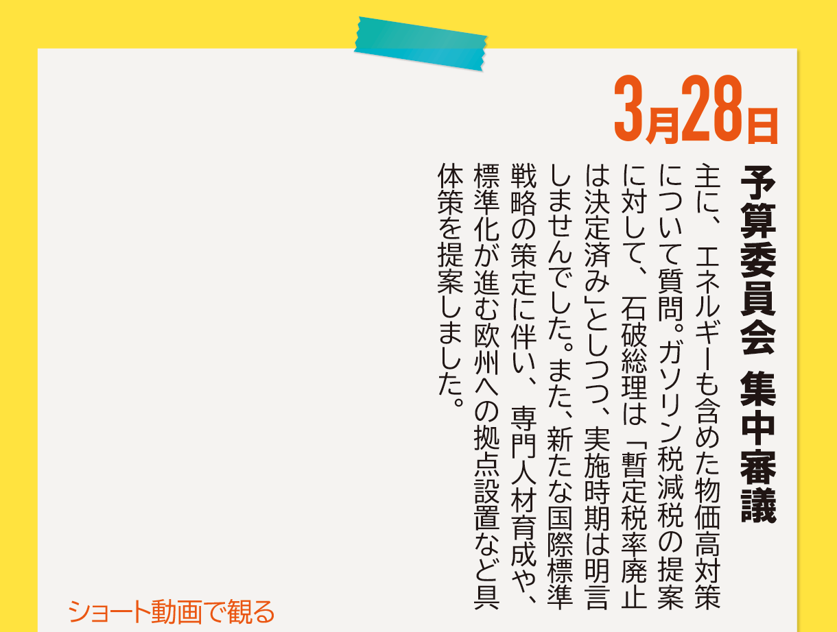 3月28日《予算委員会 集中審議》主に、エネルギーも含めた物価高対策について質問。ガソリン税減税の提案に対して、石破総理は「暫定税率廃止は決定済み」としつつ、実施時期は明言しませんでした。