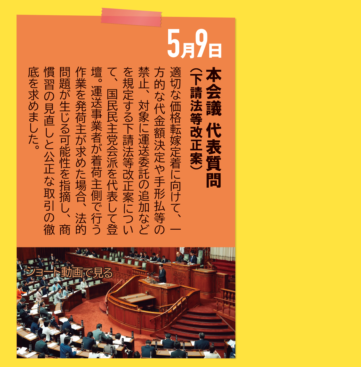 5月9日《本会議 代表質問（下請法等改正案）》適切な価格転嫁定着に向けて、一方的な代金額決定や手形払等の禁止、対象に運送委託の追加などを規定する下請法等改正案について、国民民主党会派を代表して登壇。運送事業者が着荷主側で行う作業を発荷主が求めた場合、法的問題が生じる可能性を指摘し、商慣習の見直しと公正な取引の徹底を求めました。